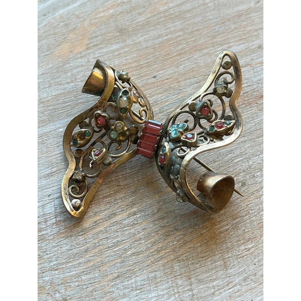 Pegel Gold Tone Filigree Bow Brooch Multi Stone Rhinestone Pin
